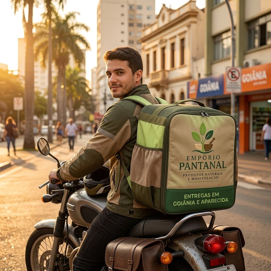 Entregador do Empório Pantanal de moto, com a mochila térmica da marca, pronto para levar o pedido até Goiânia e Aparecida de Goiânia