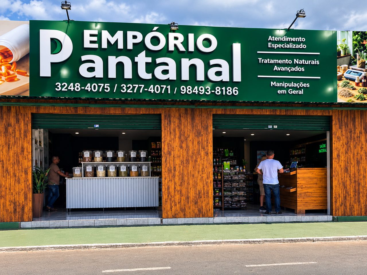 Fachada da loja Empório Pantanal, com o letreiro e as duas entradas abertas